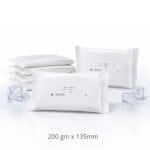 Stacked white biodegradable unfrozen gel ice packs 200 x 135mm in bulk pack of 60 on a clean white background with icy commercial studio styling.