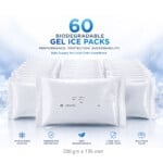 Stacked white biodegradable unfrozen gel ice packs 200 x 135mm in bulk pack of 60 on a clean white background with icy commercial studio styling.
